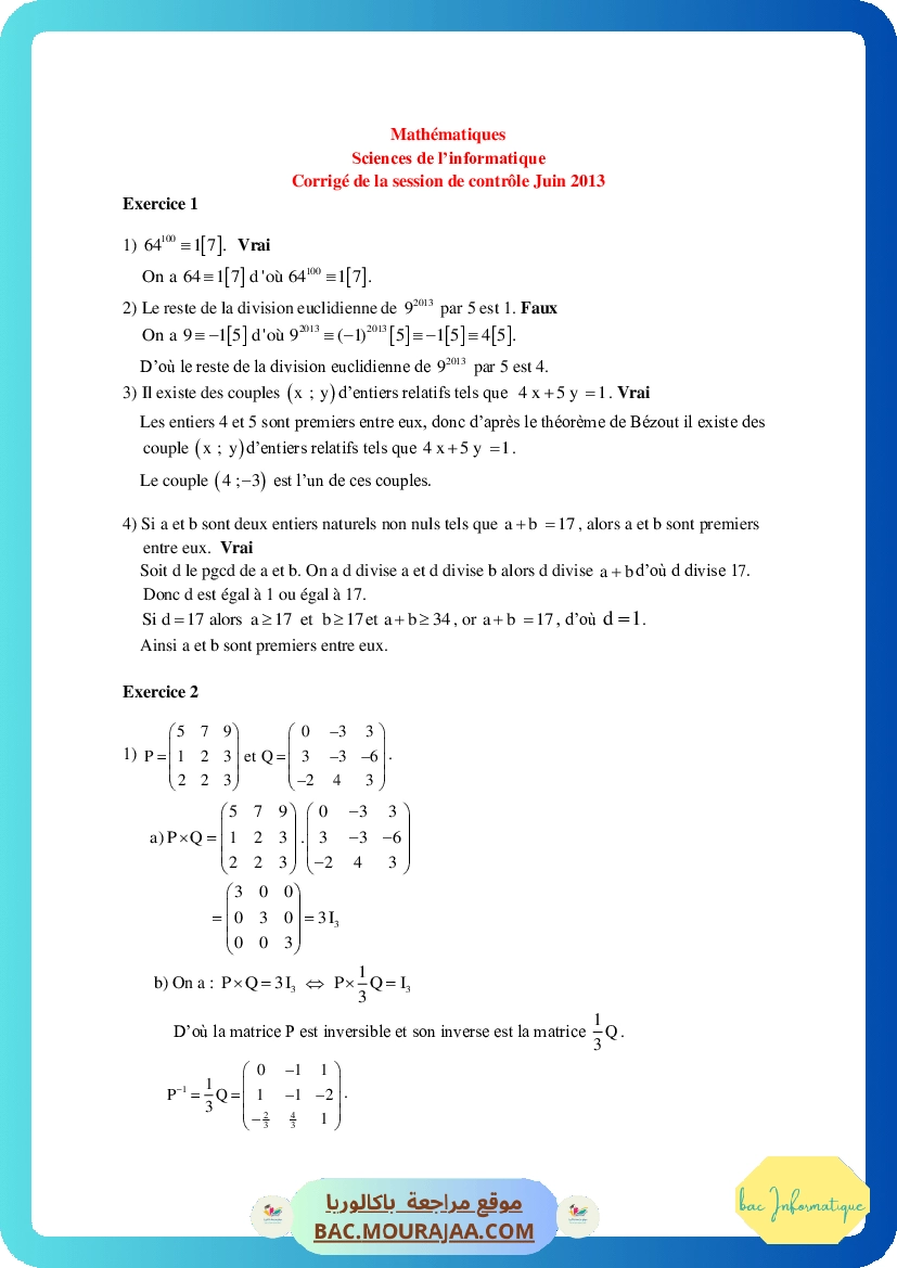 Corrigé controle math Bac 2013 – Section info